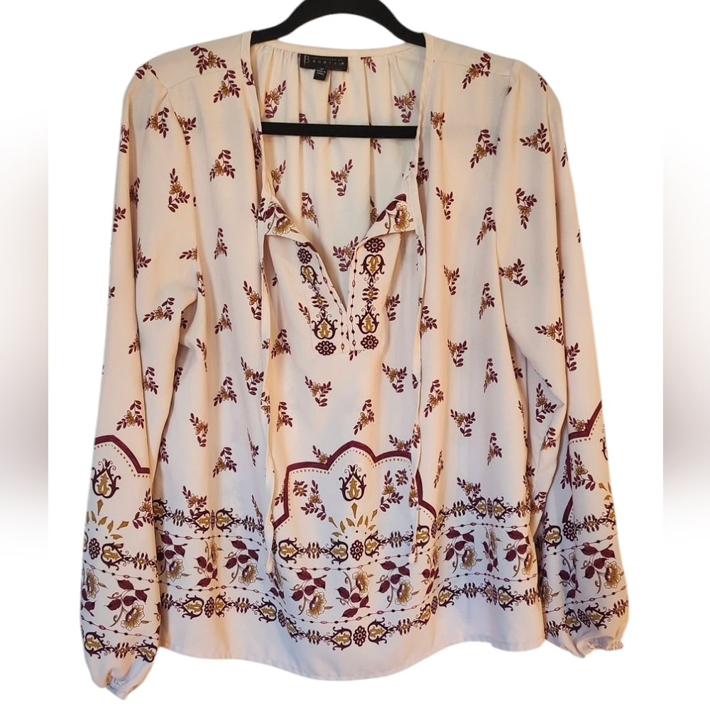 EUC Bobeau Floral Print Blouse Shirt Top Tunic With Front Tie, Size Medium